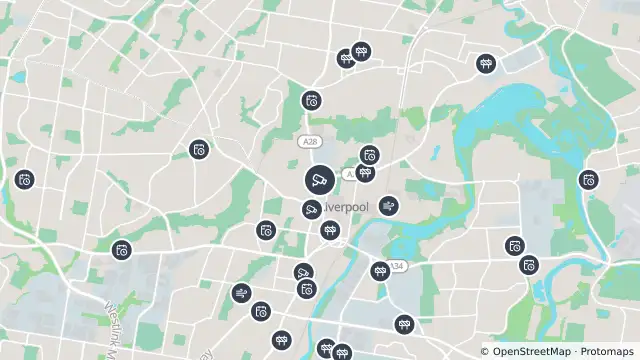 Map of Hume Highway (Cumberland Highway, Liverpool) and nearby items
