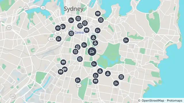 Map of Anzac Parade (Moore Park) and nearby items