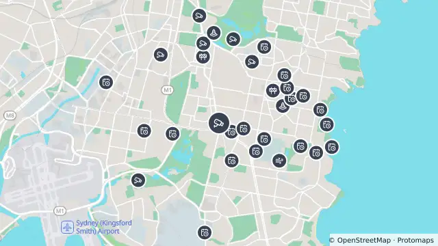 Map of Anzac Parade (Kingsford) and nearby items