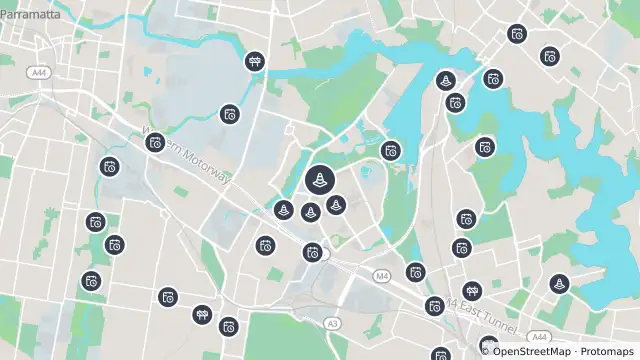Map of Shows — M4 Motorway, Homebush Bay Drive, Parramatta Road, Sydney Olympic Park and nearby items
