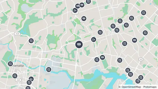Map of Scheduled Roadwork Line Marking — Kissing Point Road/Stewart Street, Dundas and nearby items