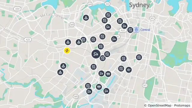 Map of King Street (Newtown) and nearby items